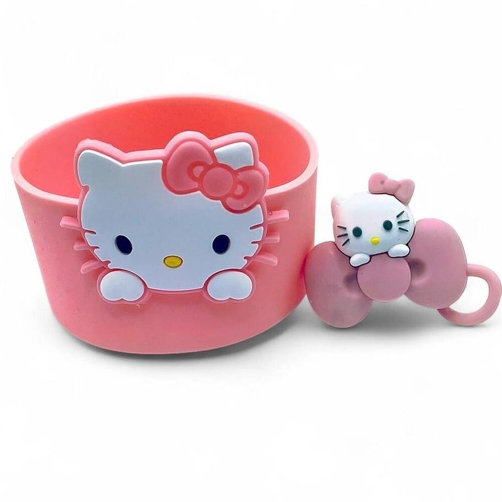 Hello Kitty Pink White Black Bottle Silicone Protector Bow Straw Topper Set